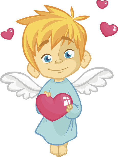 一个小丘比特抱着一颗心的插图。卡通插图的丘比特人物为情人节孤立在白色图片下载