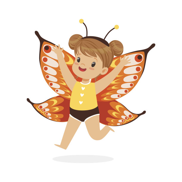 可爱快乐的小女孩装扮成蝴蝶，儿童狂欢节服装矢量插画图片下载