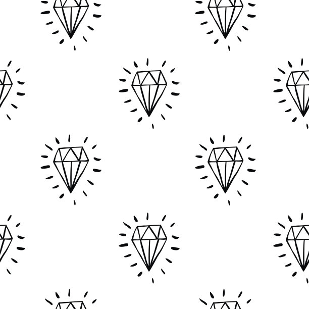 矢量无缝卡通图案与蓝色钻石。手绘黑白珠宝图案为纸，纺织品，手工装饰，剪贴簿，测光，衣服，卡片。素材图片