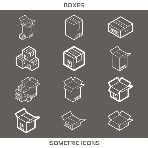 等距纸箱包装盒设置在线条艺术风格与邮政标志，这面向上脆弱的矢量插图图片下载