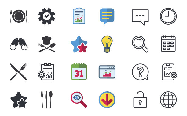 盘子盘子与刀叉的图标。首席的帽子。图片下载