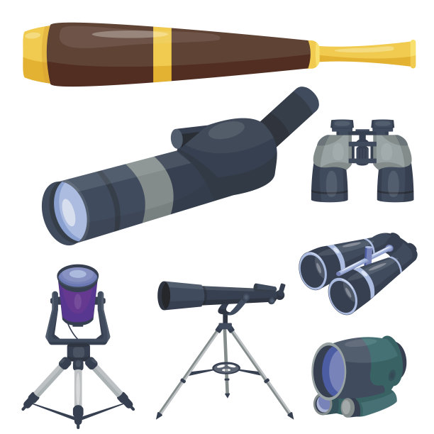 专业相机镜头双筒望远镜镜片看视望远镜光学装置相机数码聚焦光学设备矢量插图图片下载