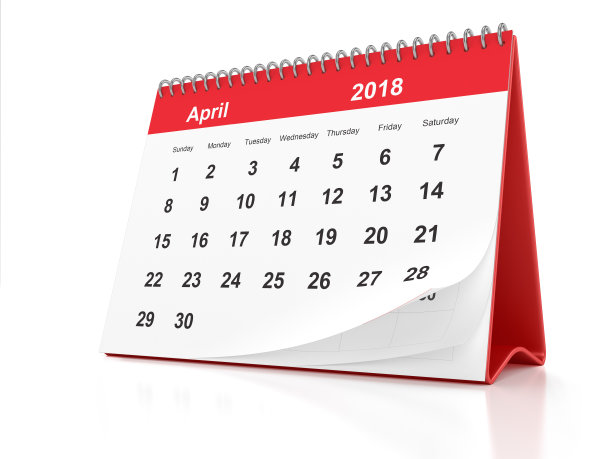 2018年4月红色塑料桌面日历，白色背景素材图片