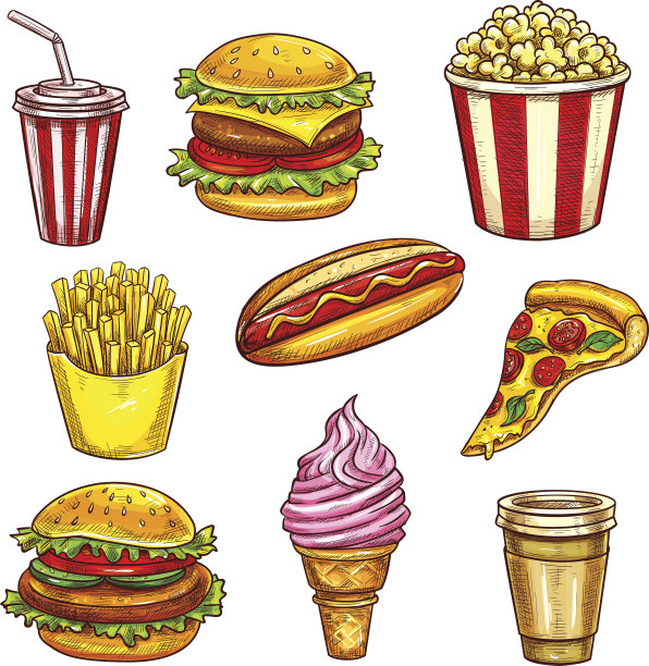 快餐午餐外卖菜肴孤立素描图片下载