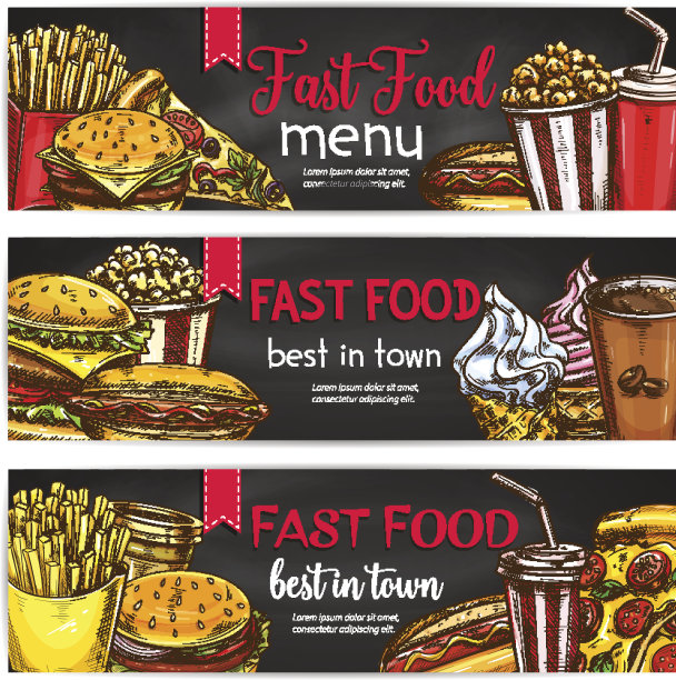 快餐午餐与饮料黑板横幅图片下载