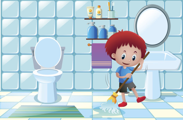 男孩在打扫浴室的湿地板图片下载