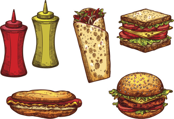 快餐汉堡和三明治速写集图片下载