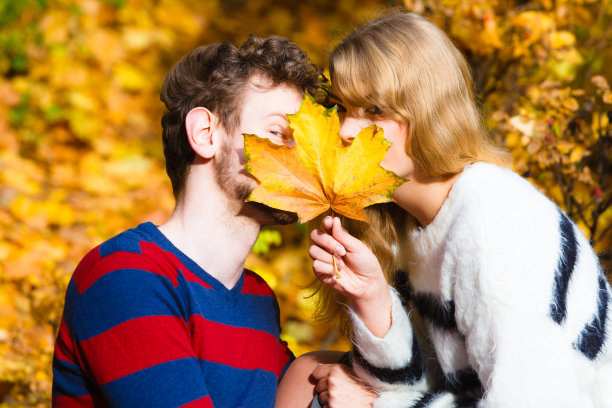 情侣与枫叶在秋天的公园接吻图片下载