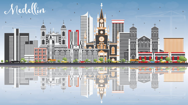 麦德林天际线与灰色建筑，蓝天和反射。图片下载