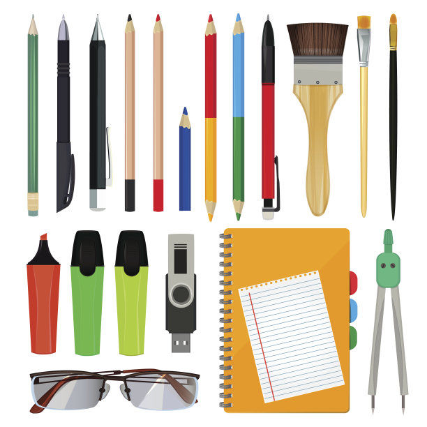 办公文具或学校设备。画笔和纸，文件夹和铅笔的矢量插图图片下载