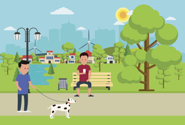 城市公园里有长凳、灯笼和人们在大自然中休息。夏季公园背景上的大城市。图片下载