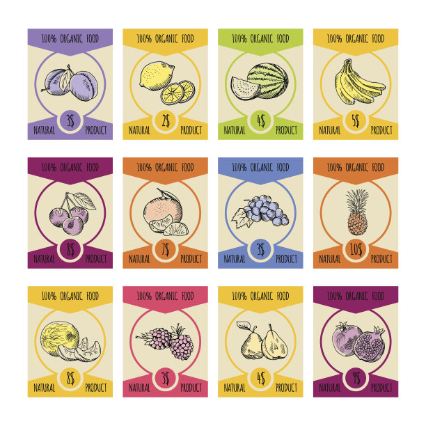 价格卡与不同的水果插图在手绘风格。农民的照片图片下载