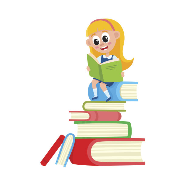 女孩看书，坐在一大堆、一堆的书上图片下载