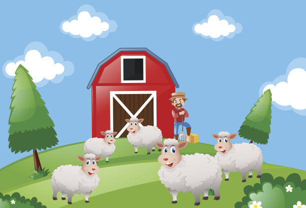 农夫和羊群的农场场景图片下载