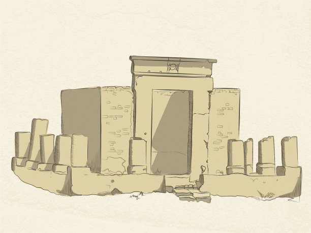 这是卢克索的阿蒙-拉神庙中基督教圣殿废墟的彩色素描。埃及。以旧的纸张为背景。图片下载