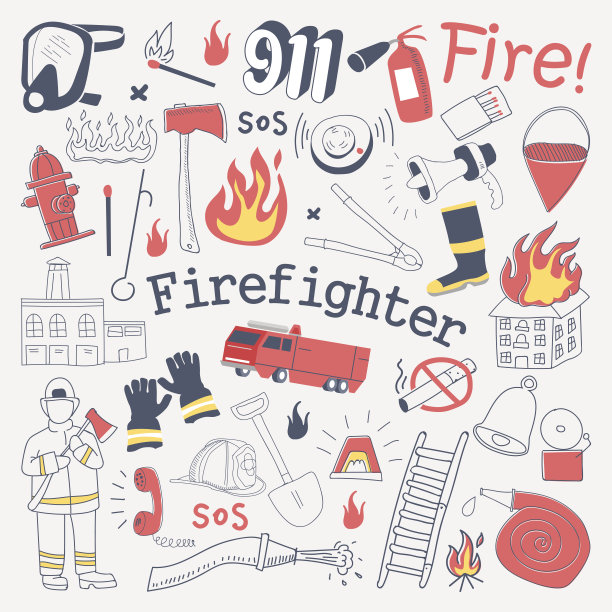消防员徒手画的涂鸦。消防队员与灭火器和设备手绘元素集图片下载