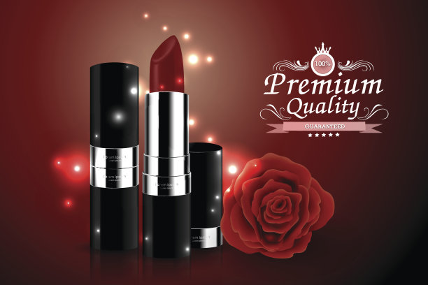 以散景和红玫瑰为背景的时尚化妆品口红广告图片下载