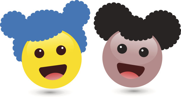 矢量插图的两个可爱的笑脸黄色和棕色的女孩表情符号在白色的背景。图片下载