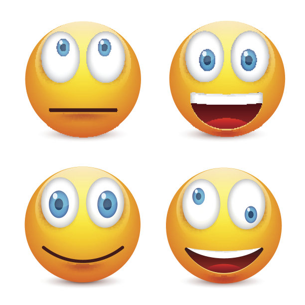 蓝眼睛的笑脸，表情包。黄脸带着情绪。面部表情。3 d现实emoji。伤心,高兴,生气的脸。有趣的卡通人物。情绪。矢量插图图片下载
