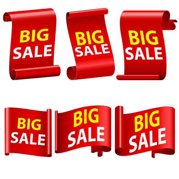 大销售横幅丝带插图。一套红色的销售横幅。彩带和贴纸卷轴。红色3d详细逼真的曲线纸销售彩带横幅。素材图片