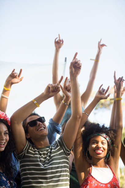 在音乐节上，快乐的粉丝们举起手臂跳舞图片下载