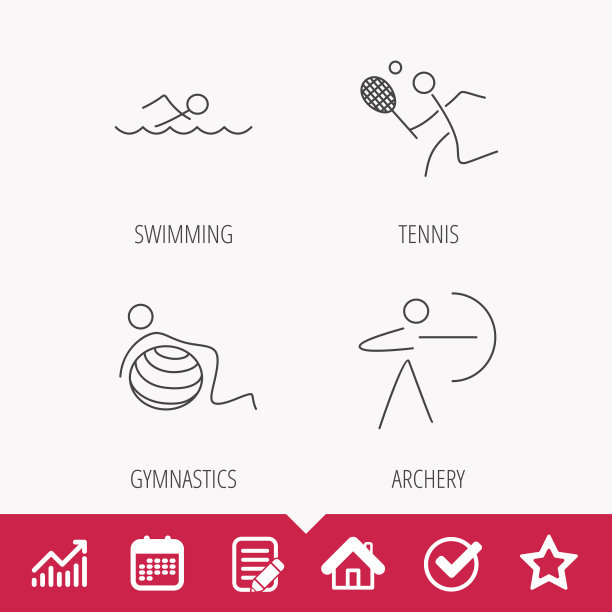 游泳、网球和体操的图标。图片下载
