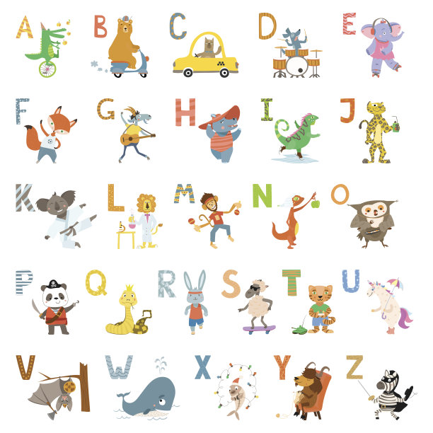 卡通可爱的动物字母为儿童学校、学前教育。图片下载