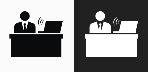 商人在办公桌图标上的黑色和白色矢量背景图片下载