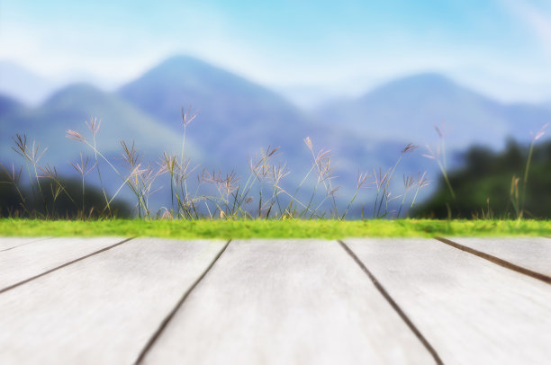 草地和木板模糊了山景图片下载