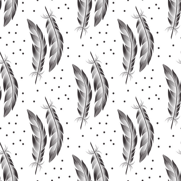 无缝模式的黑色大羽毛和点。轮廓矢量图形图片下载