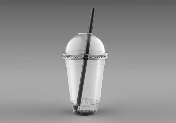 空的一次性塑料奶昔杯玻璃盖和吸管。透明的。冷饮，热饮容器。新鲜的果汁，咖啡，茶。3d渲染插图模拟模板准备为您的设计。图片下载