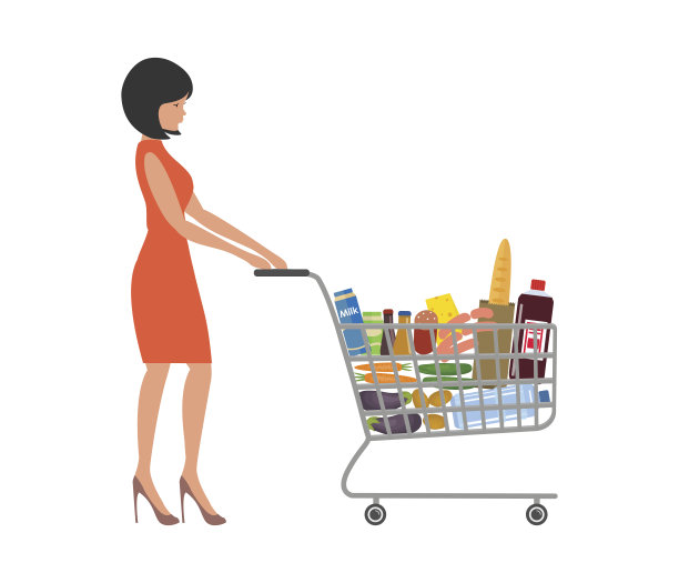 年轻女子的购物车里装满了食物和饮料图片下载