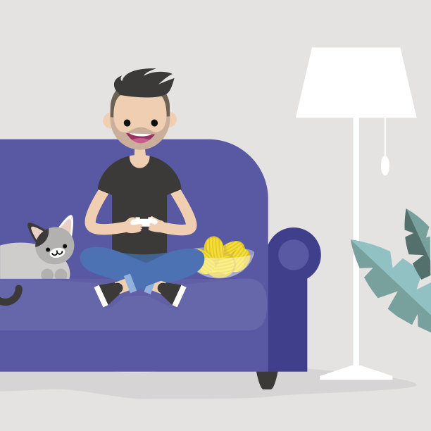 年轻兴奋的角色玩视频游戏/平面可编辑矢量插图，剪辑艺术图片下载