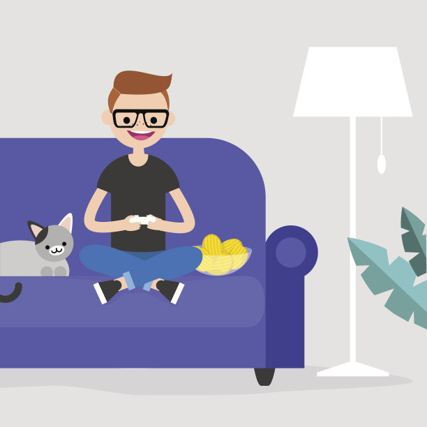 年轻兴奋的角色玩视频游戏/平面可编辑矢量插图，剪辑艺术图片下载