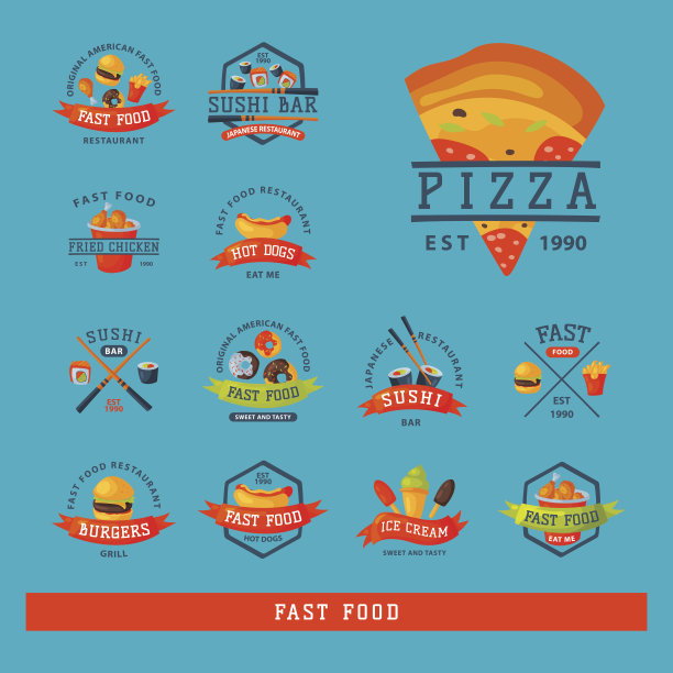 彩色卡通快餐标签符号孤立的餐厅美味的美国奶酪汉堡徽章意味着饭向量插图图片下载