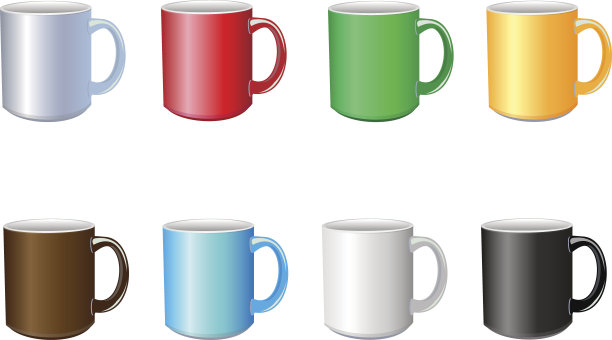 向量集合的彩色杯子。孤立的杯子在白色的背景。图片下载