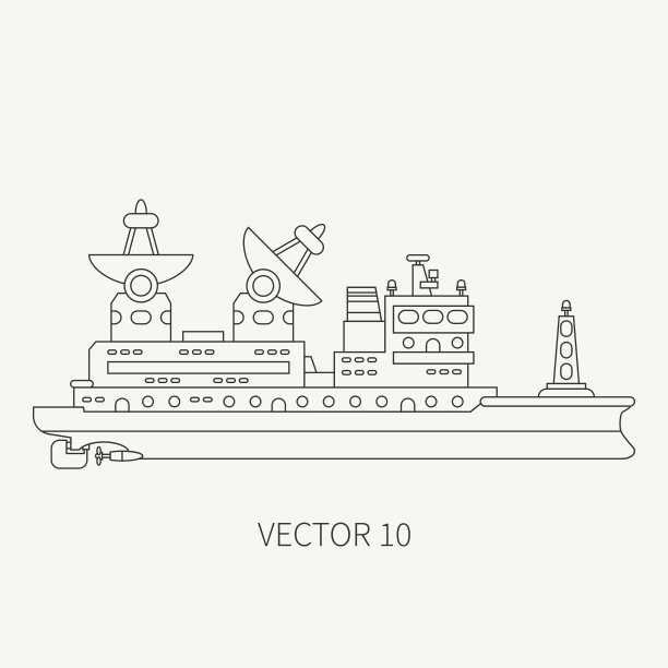 线平矢量复古图标科学船。研究舰队。卡通风格。学者。声纳。遥测。海洋。工业。队长。侦察的矿产资源。插图，设计元素。图片下载