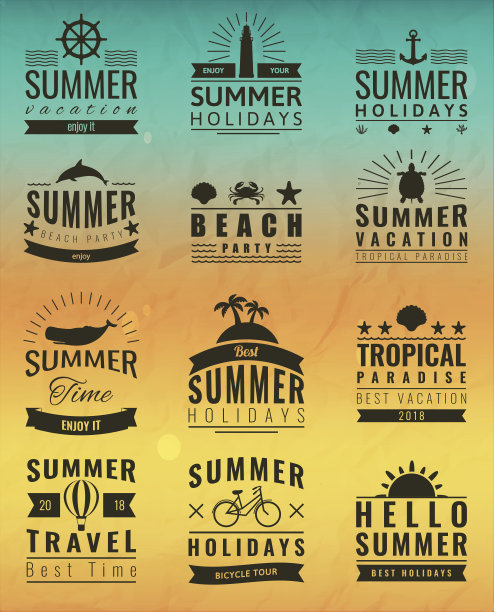 夏季标签，符号，标签和元素设置为夏季假期，旅游，海滩派对，假期。向量图片下载