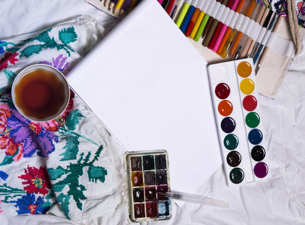 俯视图的油漆，一张白纸，一杯茶，马克笔。图片下载