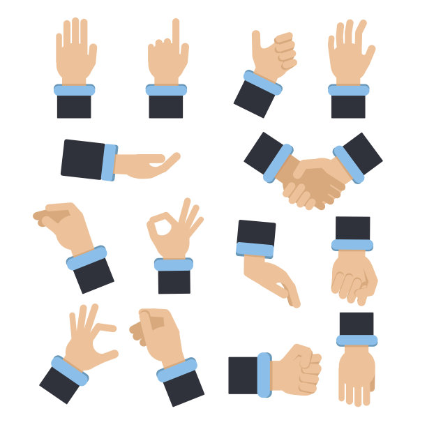 在不同的动作姿势牵手。抓，拿和其他。平面风格的矢量图片图片下载