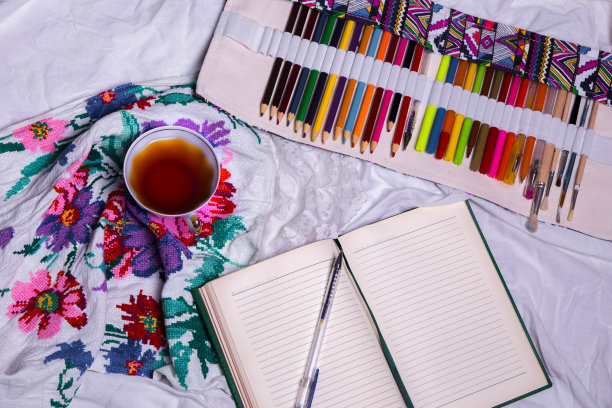 俯视图的油漆，一张白纸，一杯茶，马克笔。图片下载