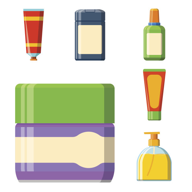 沐浴塑料瓶、洗发精容器、淋浴房平面风格插图，为浴室矢量卫生设计图片下载