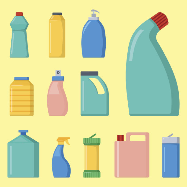 瓶装家用化学品供应清洁家务液体家用清洗剂包装矢量插图图片下载