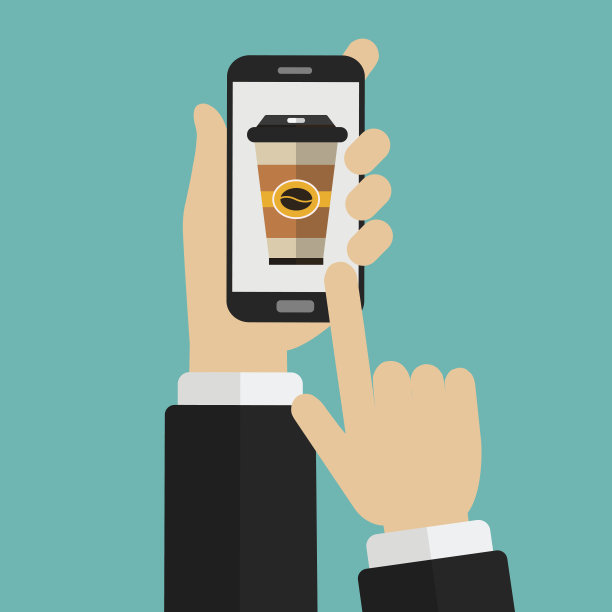 手持智能手机，屏幕上放着一次性咖啡杯。点餐和饮料的概念。平面向量插图。图片下载