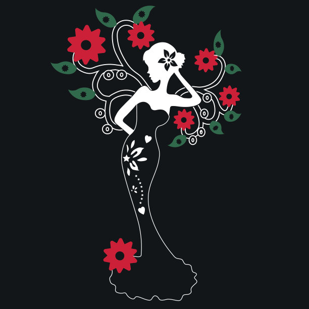 美丽的女孩站在花树旁的剪影，黑色背景上的矢量插图图片下载