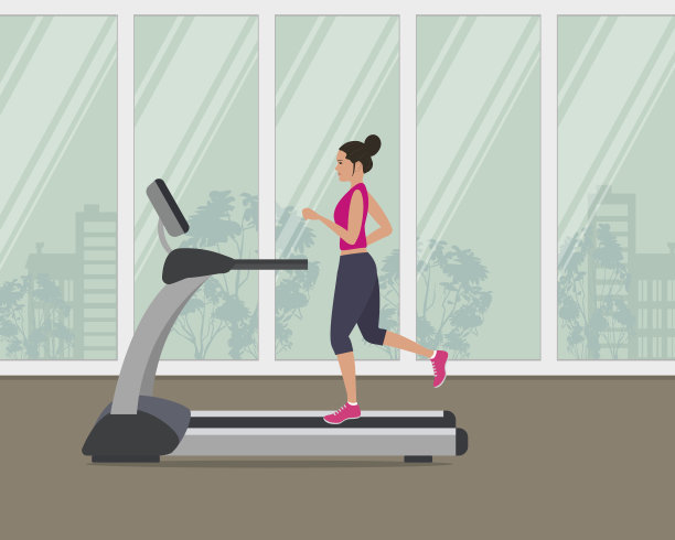穿着运动服的年轻女子在跑步机上跑步，背景是一个窗口图片下载