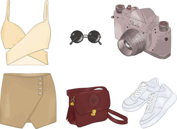 矢量手绘时尚插图，孤立在白色背景。一套带有配饰的夏装系列。休闲的衣服。图片下载