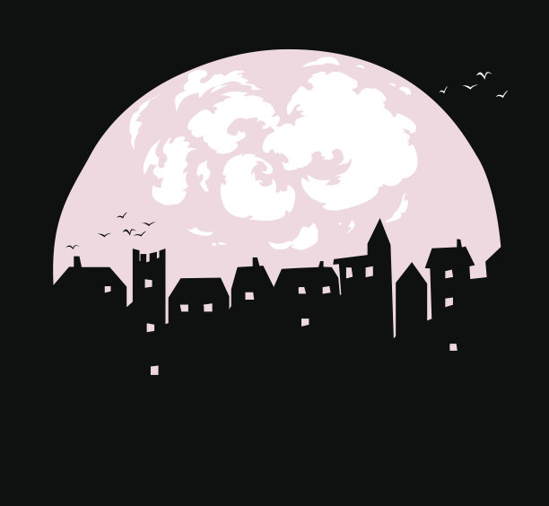 神秘的城镇剪影与月亮，鸟，房子，窗户和云彩在天空矢量插图。夜市明信片，万圣节贺卡，印刷，广告海报和网页设计图片下载