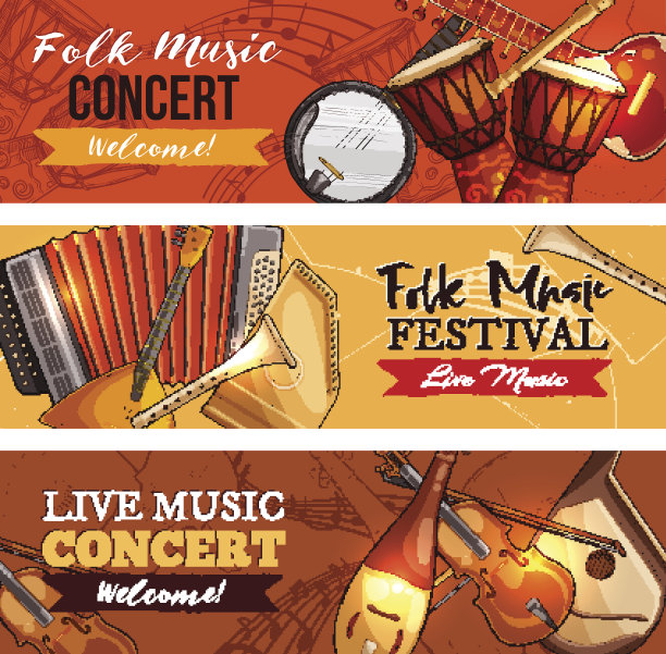 音乐音乐会或节日矢量横幅设置图片下载
