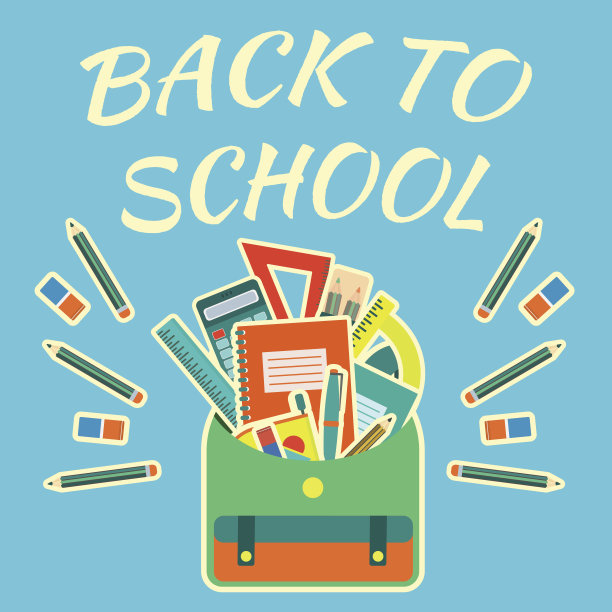 彩色的矢量回到学校海报与学校的工具在背包上明亮的蓝色背景图片下载